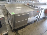 stainless tables w/ 2) soup warmers, drawers, backsplash & undershelf, on casters