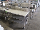 polytop table w/ backsplash, 2) undershelves, & columns for bars, on casters