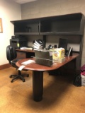 Curved Desk W/ Overshelf And Cabinets