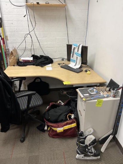 Wood desk with chair and file cabinet