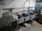 3-compartment sink w/ L & R drainboards, pre-wash sprayer, & drying rack above