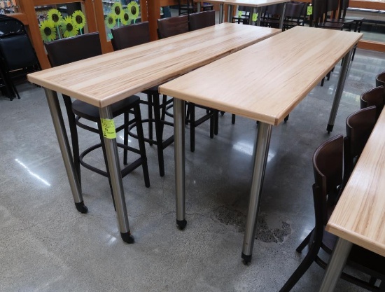 wooden tables w/ steel legs, on casters