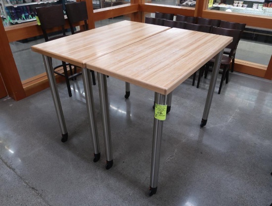 wooden tables w/ steel legs, on casters