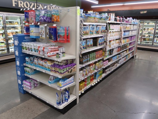 Lozier gondola shelving, 16' run + 2) 4' endcaps