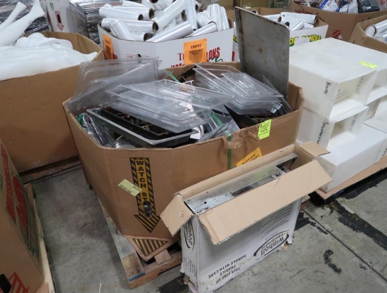crate of misc- stainless pans, loaf pans, film wrapping machine, etc