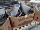 crate of misc- sheet pans, cooling racks, loaf pans, plastic pans, etc