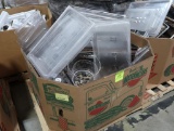 crate of misc- immersion blender, stainless & plastic pans,