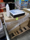 pallet of squat soup cups & a box fan
