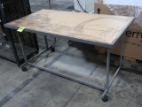 table on casters, steel frame w/ wooden top