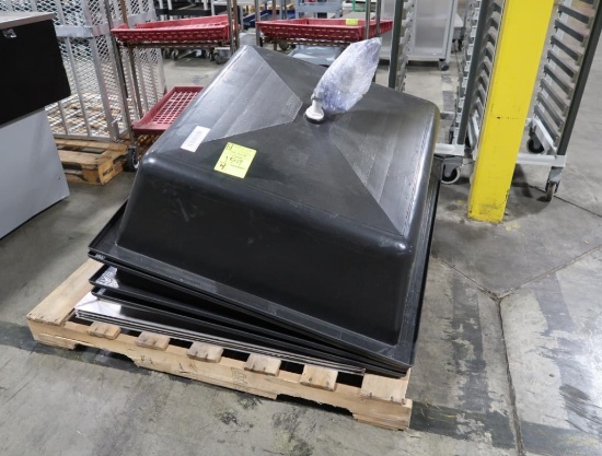 sets of 36" x 36" inserts- 4) plastic tubs & 4) stainless pans, all look new