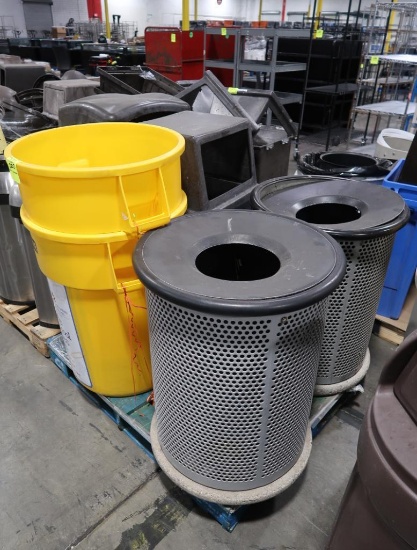 pallet of assorted waste cans