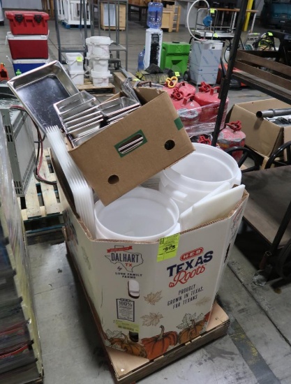 crate of misc- plastic tubs & lids, 20 qt whisk, stainless pans, etc