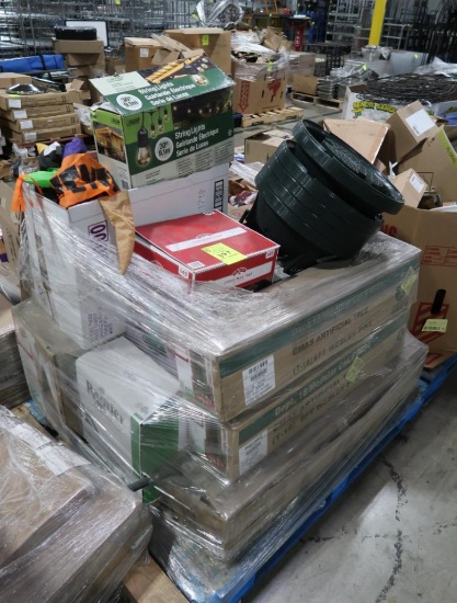 pallet of misc Christmas & holiday product- artificial trees, lights, etc
