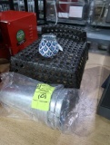 rattan cat perch, candle glass, galvanized buckets