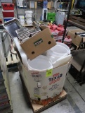 crate of misc- plastic tubs & lids, 20 qt whisk, stainless pans, etc