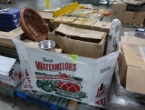 crate of misc-glass vases, Crayola display racks, air filters, aluminum pans, etc