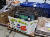 crate of garden misc- steel trellis & decorative plastic pots