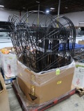 crate of garden misc- steel trellis, pot stands, & 2) benches