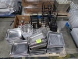 pallet of stainless pans, deli risers, plastic pans, stainless spoons, etc