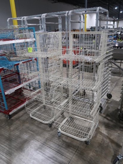 wire basket merchandising racks, on casters