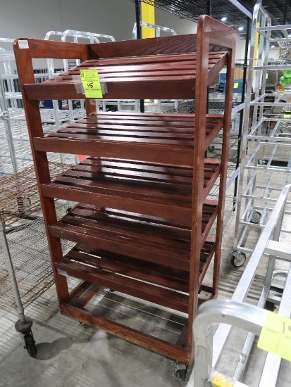 wooden bread merchandising rack, on casters