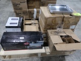 pallet of misc- new 1/4 aluminum sheet pans, wine chillers, garnish station,