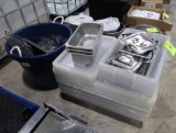group of misc- plastic & stainless pans & lids, large tub, etc