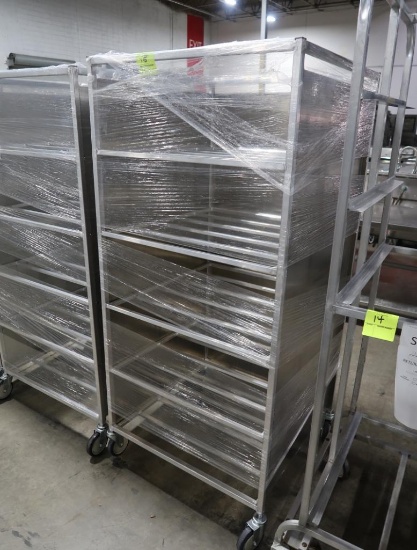 aluminum tub/tray rack, w/ 3) sides, on casters