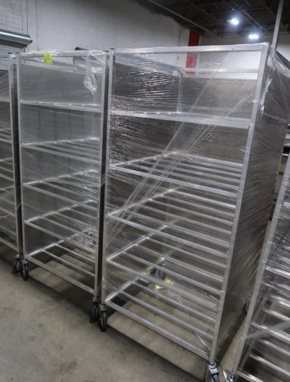 aluminum tub/tray racks, w/ 3) sides, on casters