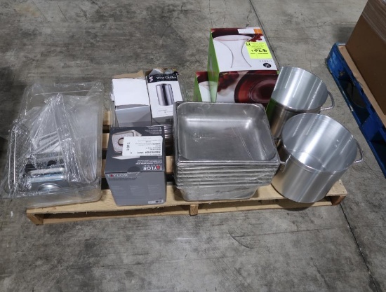 pallet of merchandise, mostly new- stock pots, decanters, stainless pans,