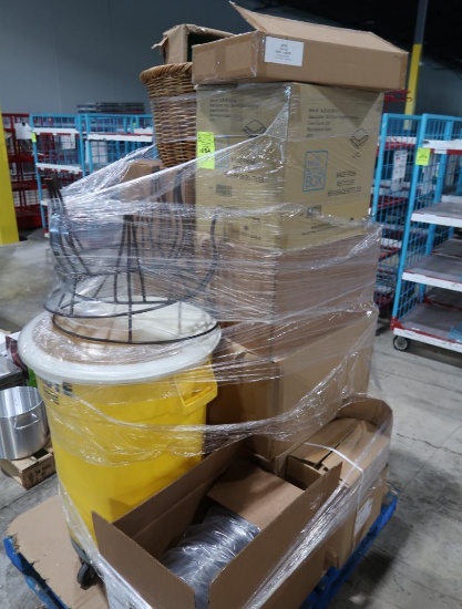 pallet of misc- basket & stands, waste container, deli containers & lids, etc