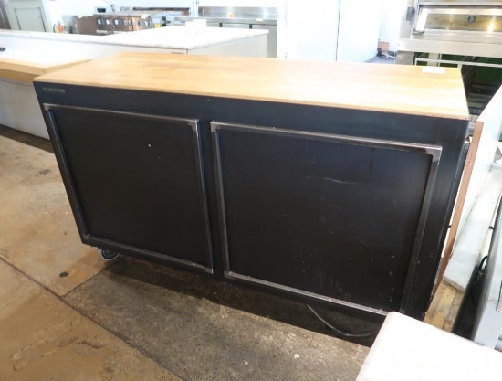 solid oak top counter, on casters, w/ drawers & bin under