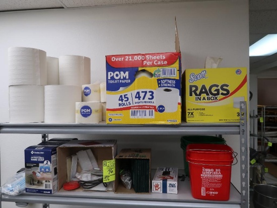 contents of top 2 shelves- toilet paper. Towels, hand soap, scouring pads, etc