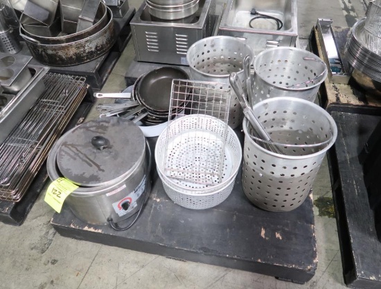 pallet of misc- electric warmer, frying pans, aluminum draining buckets, etc