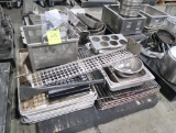 pallet of misc- sheet pans, cooling screens, stainless pans, etc
