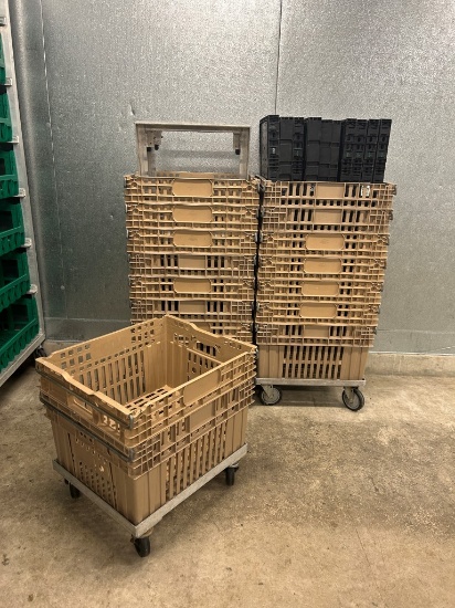 Group Of Plastic Crates W/ Floor Dolleys