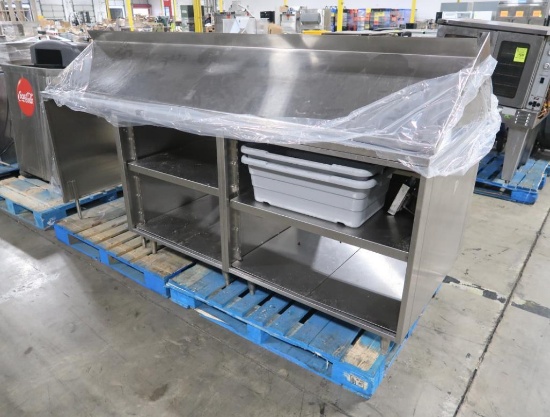 stainless table w/ cabinets under & stainless shelf on top