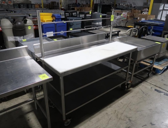 stainless/polytop table w/ backsplash & label bars, on casters