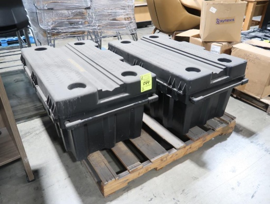 plastic tool boxes w/ wheels on one end, w/ contents