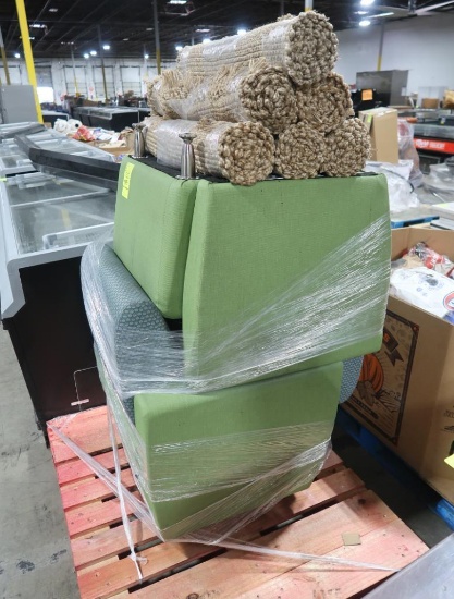 pallet of 2) cushy chairs & 6) woven throw rugs
