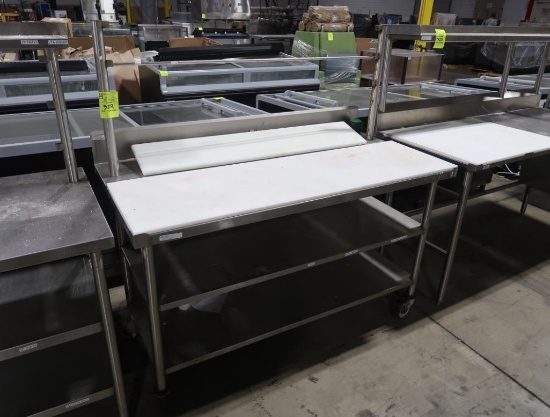 stainless/polytop table w/ backsplash, 2) undershelves, & label bars