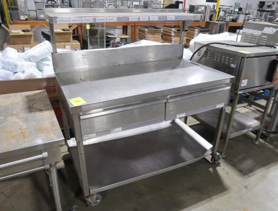 stainless table w/ overshelf & undershelf, & drawers, on casters