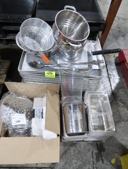 pallet of misc- sheet pans, stainless pans, perforated pans, etc
