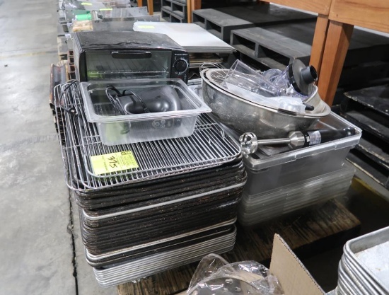 pallet of misc- sheet pans, cooling racks, assorted appliances, etc