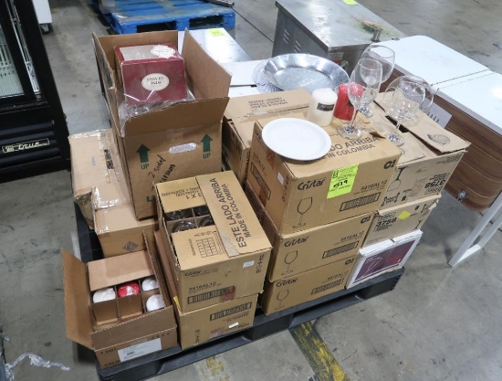 pallet of misc- stemware, candles, small plates, etc