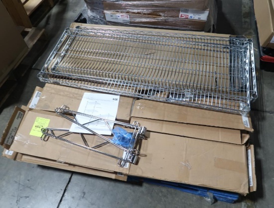 pallet of Metro parts, wall shelf brackets & shelves