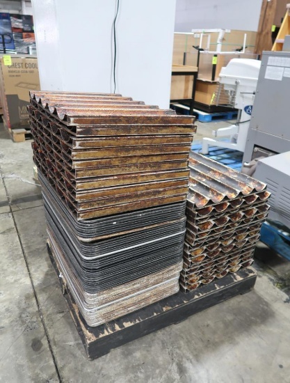 pallet of sheet pans, french loaf pans, & market trays