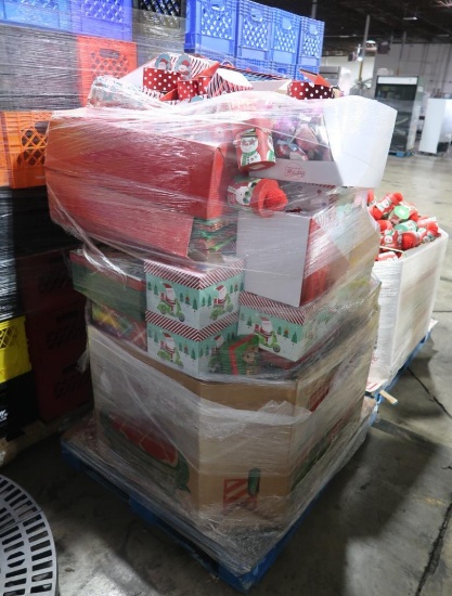 pallet of Christmas gift boxes, bags, & ornaments