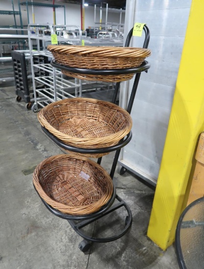merchandising rack w/ baskets, on casters