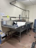 STAINLESS STEEL THREE COMPARTMENT SINK W/ SPRAYER AND OVERSHELF
